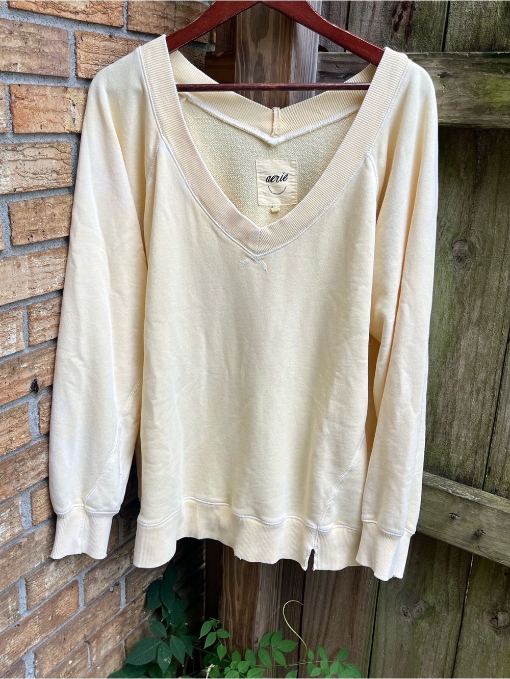Aerie Oversized Washed Butter Yellow V-Neck Pullover Sweatshirt